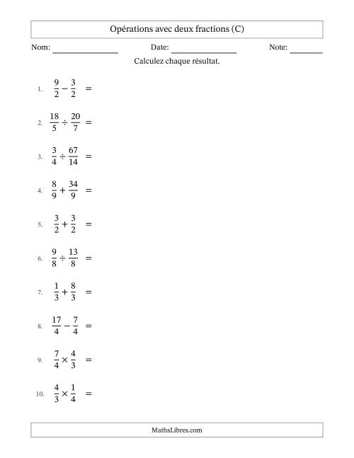 Opérations avec fractions propres et impropres avec dénominateurs égals, résultats sous fractions mixtes et simplification dans tous les problèmes (C)