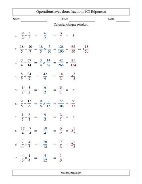 Opérations avec fractions propres et impropres avec dénominateurs égals, résultats sous fractions mixtes et simplification dans tous les problèmes (C) page 2