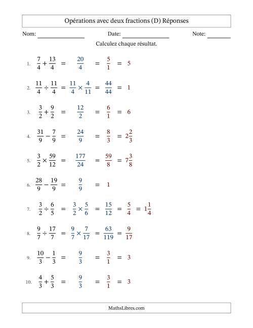 Opérations avec fractions propres et impropres avec dénominateurs égals, résultats sous fractions mixtes et simplification dans tous les problèmes (D) page 2