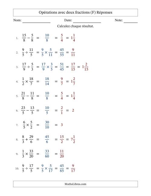Opérations avec fractions propres et impropres avec dénominateurs égals, résultats sous fractions mixtes et simplification dans tous les problèmes (F) page 2