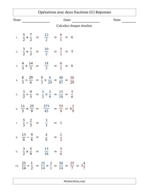 Opérations avec fractions propres et impropres avec dénominateurs égals, résultats sous fractions mixtes et simplification dans tous les problèmes (G) page 2