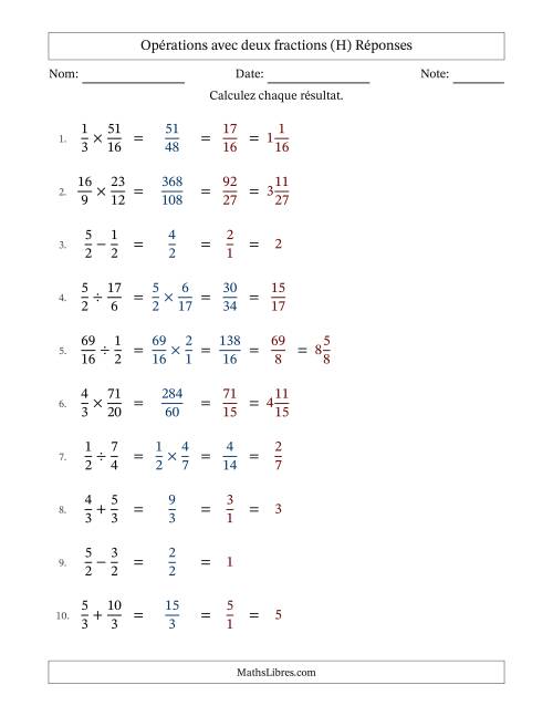 Opérations avec fractions propres et impropres avec dénominateurs égals, résultats sous fractions mixtes et simplification dans tous les problèmes (H) page 2