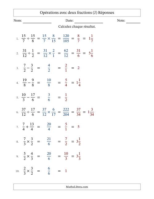 Opérations avec fractions propres et impropres avec dénominateurs égals, résultats sous fractions mixtes et simplification dans tous les problèmes (J) page 2
