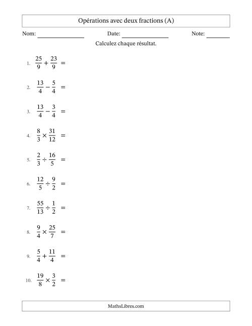 Opérations avec fractions propres et impropres avec dénominateurs égals, résultats sous fractions mixtes et quelque simplification (A)