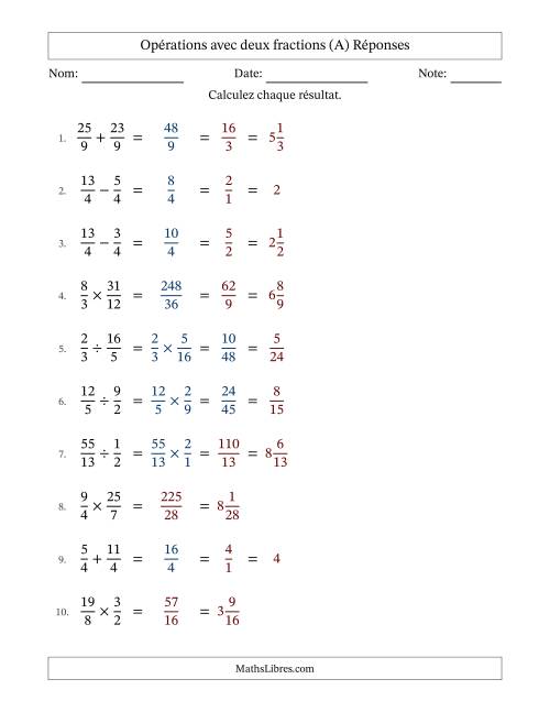 Opérations avec fractions propres et impropres avec dénominateurs égals, résultats sous fractions mixtes et quelque simplification (A) page 2