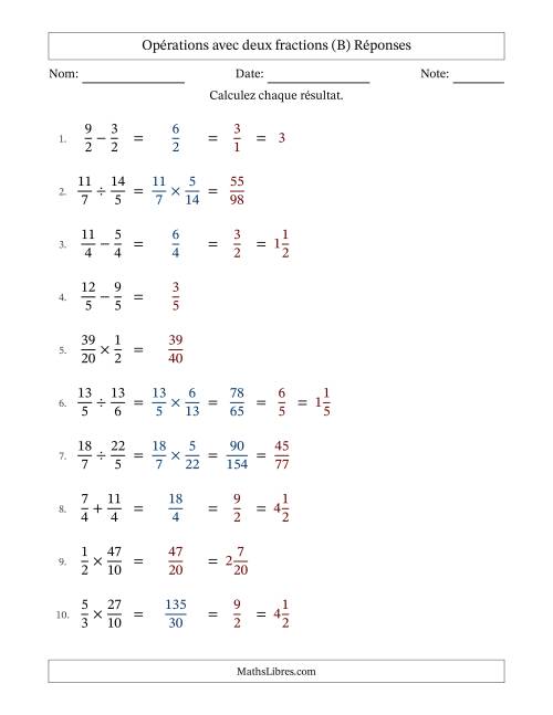 Opérations avec fractions propres et impropres avec dénominateurs égals, résultats sous fractions mixtes et quelque simplification (B) page 2