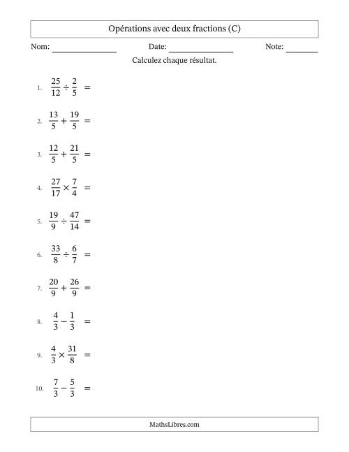Opérations avec fractions propres et impropres avec dénominateurs égals, résultats sous fractions mixtes et quelque simplification (C)