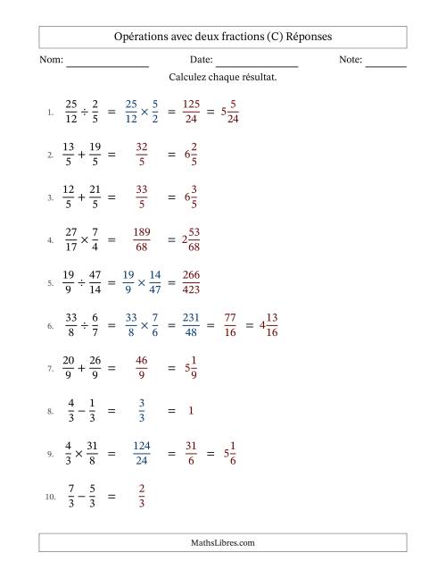 Opérations avec fractions propres et impropres avec dénominateurs égals, résultats sous fractions mixtes et quelque simplification (C) page 2