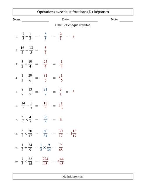 Opérations avec fractions propres et impropres avec dénominateurs égals, résultats sous fractions mixtes et quelque simplification (D) page 2