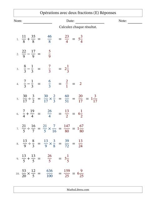 Opérations avec fractions propres et impropres avec dénominateurs égals, résultats sous fractions mixtes et quelque simplification (E) page 2