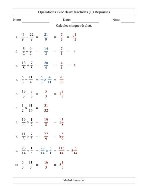Opérations avec fractions propres et impropres avec dénominateurs égals, résultats sous fractions mixtes et quelque simplification (F) page 2