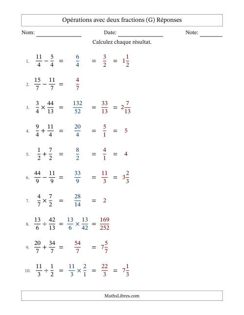Opérations avec fractions propres et impropres avec dénominateurs égals, résultats sous fractions mixtes et quelque simplification (G) page 2