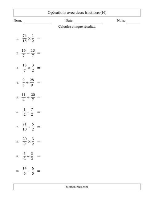 Opérations avec fractions propres et impropres avec dénominateurs égals, résultats sous fractions mixtes et quelque simplification (H)