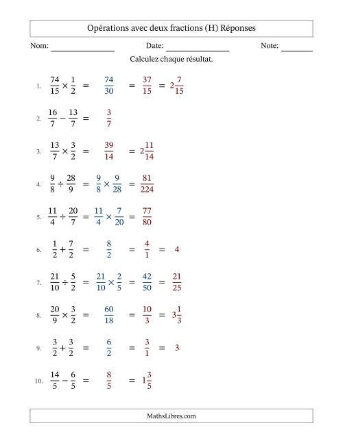 Opérations avec fractions propres et impropres avec dénominateurs égals, résultats sous fractions mixtes et quelque simplification (H) page 2