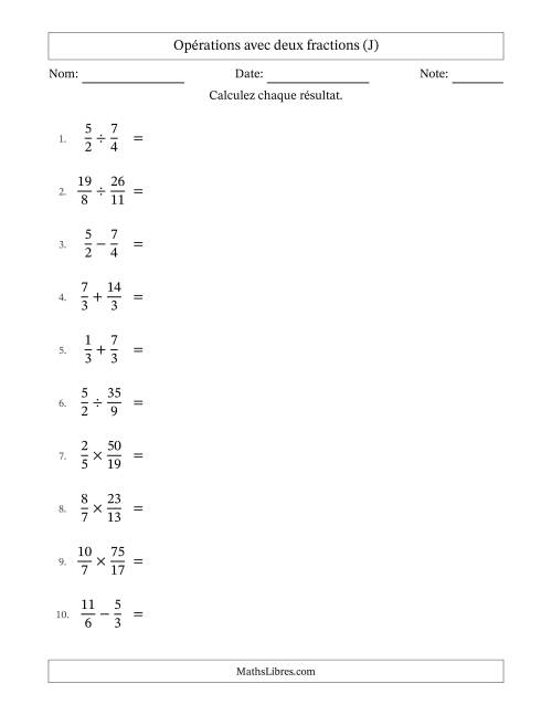 Opérations avec fractions propres et impropres avec dénominateurs égals, résultats sous fractions mixtes et quelque simplification (J)