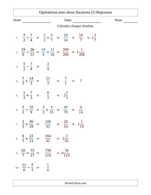 Opérations avec fractions propres et impropres avec dénominateurs égals, résultats sous fractions mixtes et quelque simplification (J) page 2