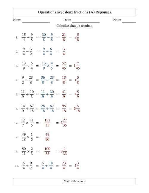 Opérations avec fractions propres et impropres avec dénominateurs similaires, résultats sous fractions mixtes et sans simplification (A) page 2