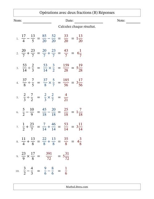 Opérations avec fractions propres et impropres avec dénominateurs similaires, résultats sous fractions mixtes et sans simplification (B) page 2