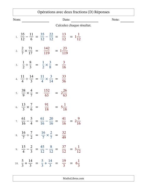 Opérations avec fractions propres et impropres avec dénominateurs similaires, résultats sous fractions mixtes et sans simplification (D) page 2