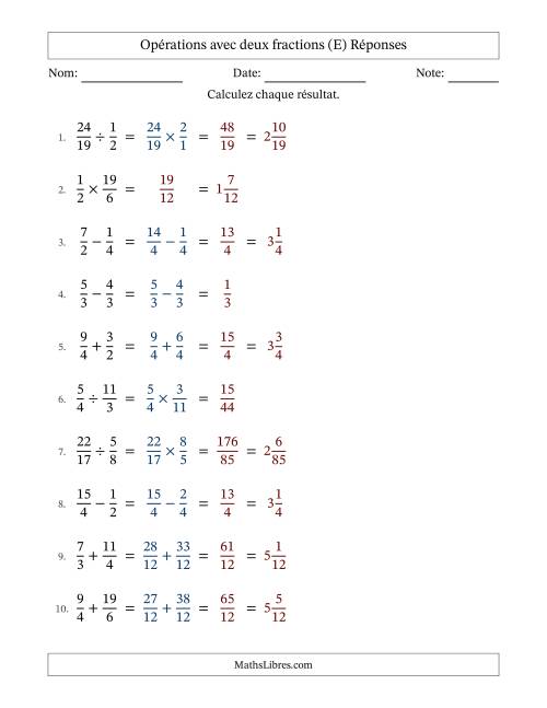 Opérations avec fractions propres et impropres avec dénominateurs similaires, résultats sous fractions mixtes et sans simplification (E) page 2