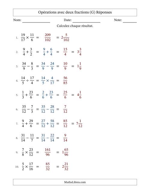 Opérations avec fractions propres et impropres avec dénominateurs similaires, résultats sous fractions mixtes et sans simplification (G) page 2