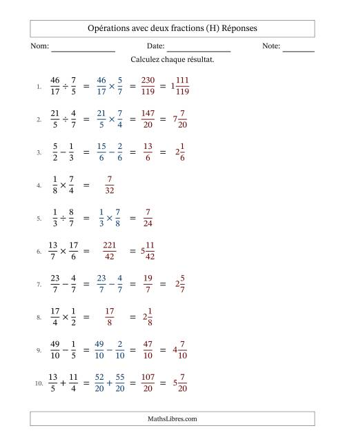 Opérations avec fractions propres et impropres avec dénominateurs similaires, résultats sous fractions mixtes et sans simplification (H) page 2
