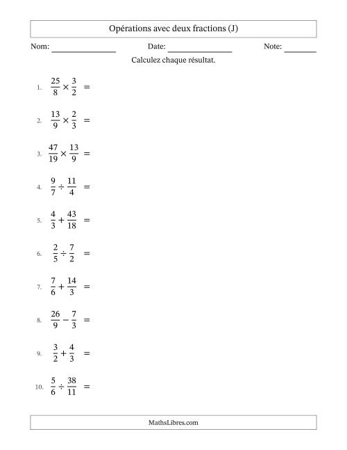 Opérations avec fractions propres et impropres avec dénominateurs similaires, résultats sous fractions mixtes et sans simplification (J)