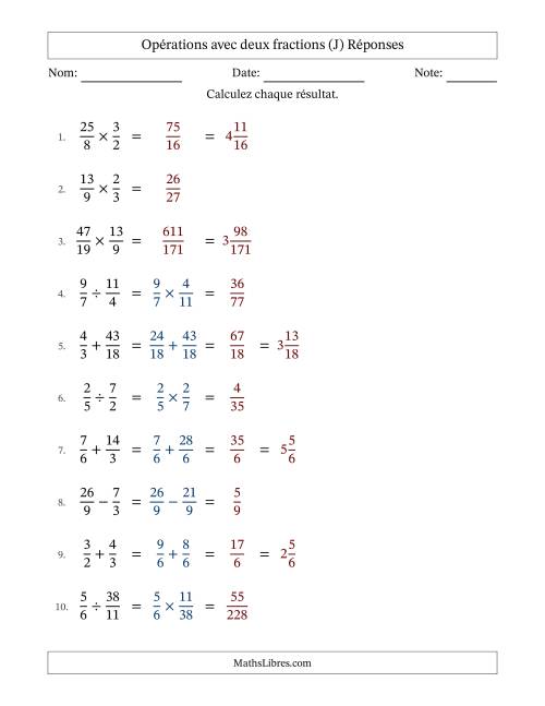 Opérations avec fractions propres et impropres avec dénominateurs similaires, résultats sous fractions mixtes et sans simplification (J) page 2