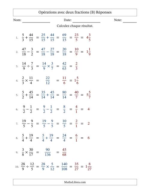 Opérations avec fractions propres et impropres avec dénominateurs similaires, résultats sous fractions mixtes et simplification dans tous les problèmes (B) page 2