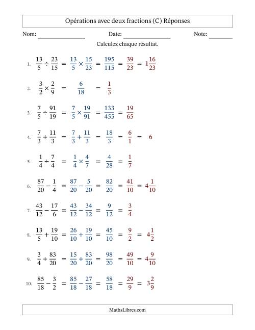 Opérations avec fractions propres et impropres avec dénominateurs similaires, résultats sous fractions mixtes et simplification dans tous les problèmes (C) page 2