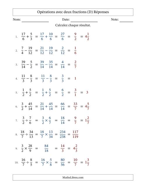 Opérations avec fractions propres et impropres avec dénominateurs similaires, résultats sous fractions mixtes et simplification dans tous les problèmes (D) page 2