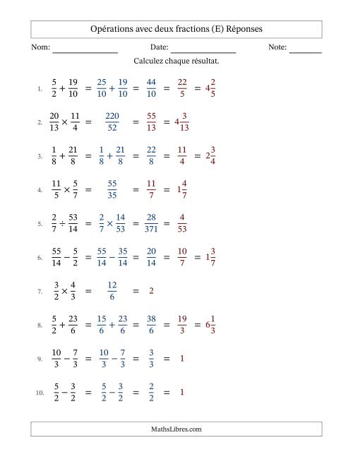 Opérations avec fractions propres et impropres avec dénominateurs similaires, résultats sous fractions mixtes et simplification dans tous les problèmes (E) page 2
