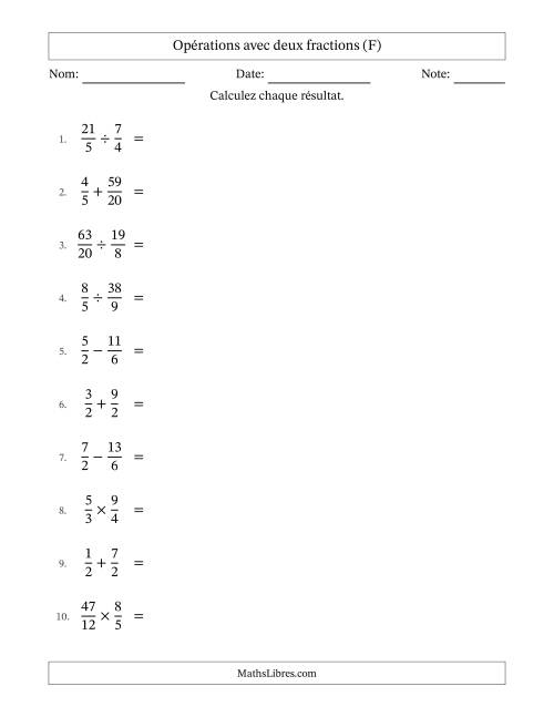 Opérations avec fractions propres et impropres avec dénominateurs similaires, résultats sous fractions mixtes et simplification dans tous les problèmes (F)