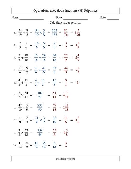 Opérations avec fractions propres et impropres avec dénominateurs similaires, résultats sous fractions mixtes et simplification dans tous les problèmes (H) page 2