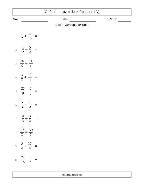Opérations avec fractions propres et impropres avec dénominateurs similaires, résultats sous fractions mixtes et quelque simplification (A)
