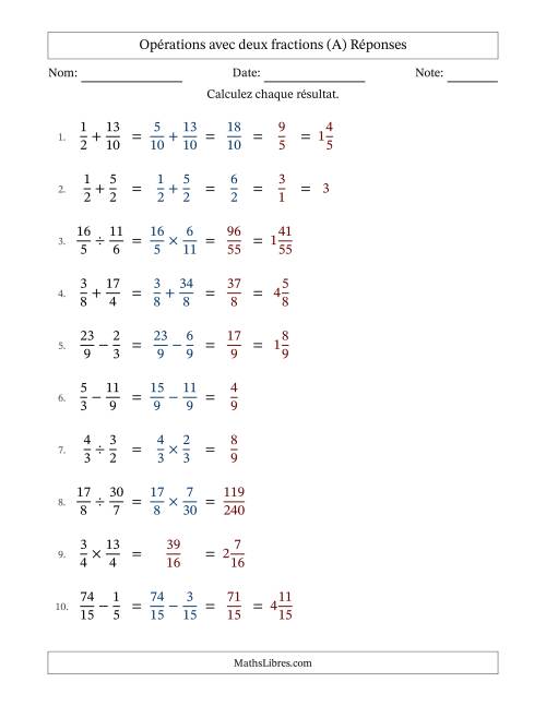Opérations avec fractions propres et impropres avec dénominateurs similaires, résultats sous fractions mixtes et quelque simplification (A) page 2