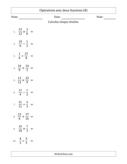 Opérations avec fractions propres et impropres avec dénominateurs similaires, résultats sous fractions mixtes et quelque simplification (B)