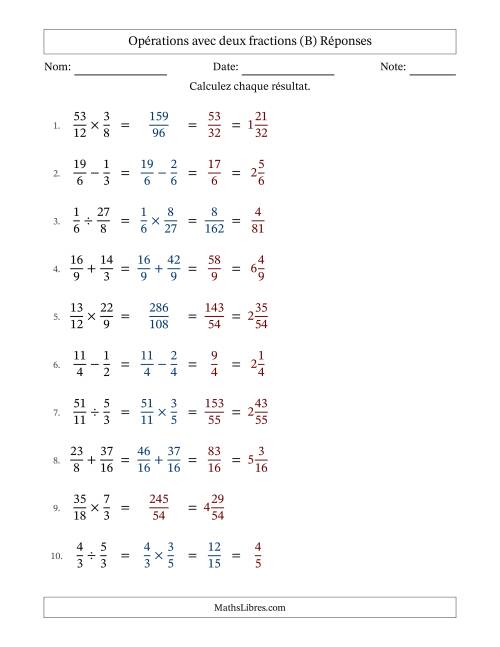 Opérations avec fractions propres et impropres avec dénominateurs similaires, résultats sous fractions mixtes et quelque simplification (B) page 2