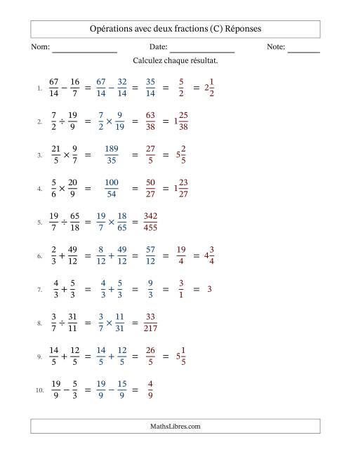 Opérations avec fractions propres et impropres avec dénominateurs similaires, résultats sous fractions mixtes et quelque simplification (C) page 2