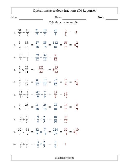 Opérations avec fractions propres et impropres avec dénominateurs similaires, résultats sous fractions mixtes et quelque simplification (D) page 2