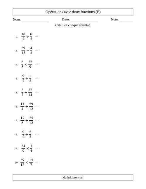 Opérations avec fractions propres et impropres avec dénominateurs similaires, résultats sous fractions mixtes et quelque simplification (E)