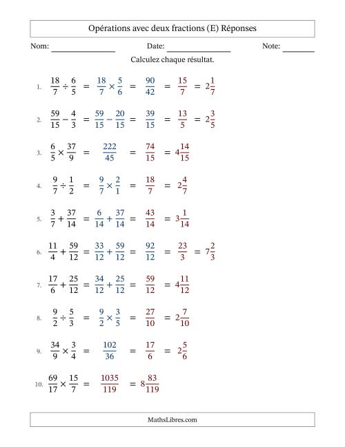 Opérations avec fractions propres et impropres avec dénominateurs similaires, résultats sous fractions mixtes et quelque simplification (E) page 2
