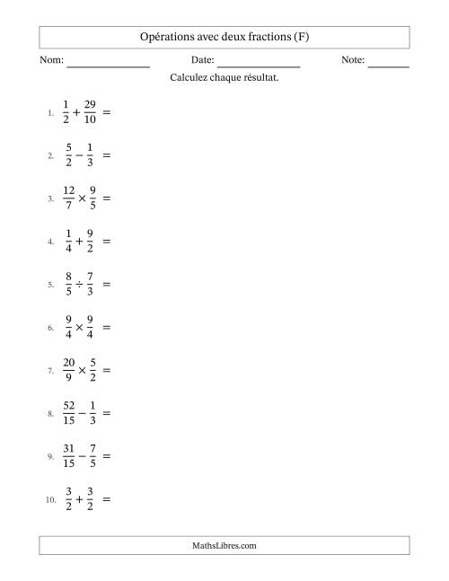 Opérations avec fractions propres et impropres avec dénominateurs similaires, résultats sous fractions mixtes et quelque simplification (F)