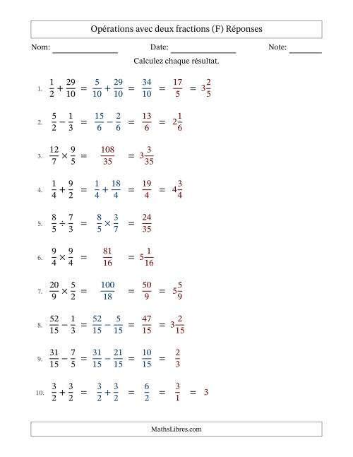 Opérations avec fractions propres et impropres avec dénominateurs similaires, résultats sous fractions mixtes et quelque simplification (F) page 2