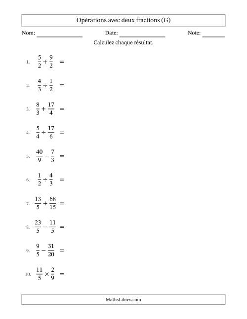 Opérations avec fractions propres et impropres avec dénominateurs similaires, résultats sous fractions mixtes et quelque simplification (G)
