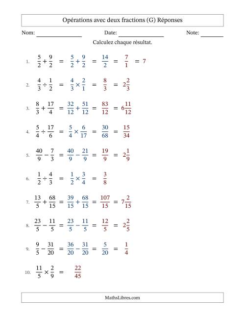 Opérations avec fractions propres et impropres avec dénominateurs similaires, résultats sous fractions mixtes et quelque simplification (G) page 2