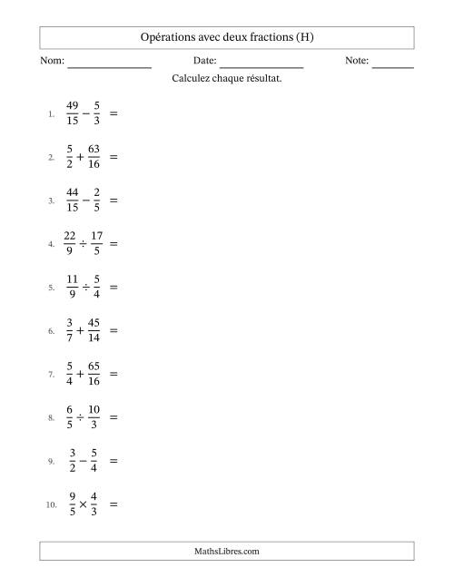 Opérations avec fractions propres et impropres avec dénominateurs similaires, résultats sous fractions mixtes et quelque simplification (H)
