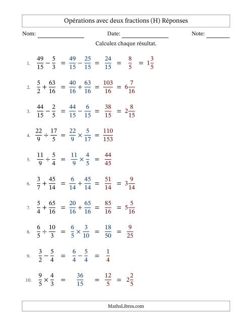 Opérations avec fractions propres et impropres avec dénominateurs similaires, résultats sous fractions mixtes et quelque simplification (H) page 2