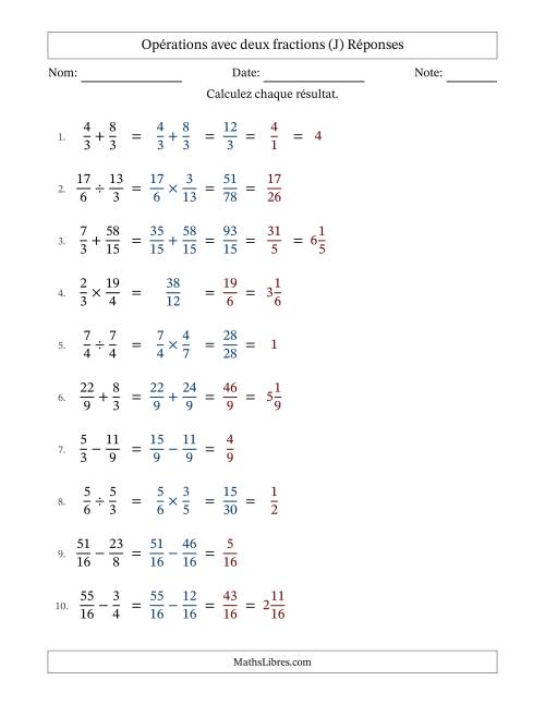Opérations avec fractions propres et impropres avec dénominateurs similaires, résultats sous fractions mixtes et quelque simplification (J) page 2