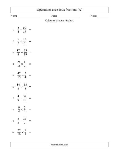 Opérations avec fractions propres et impropres avec dénominateurs différents, résultats sous fractions mixtes et sans simplification (A)